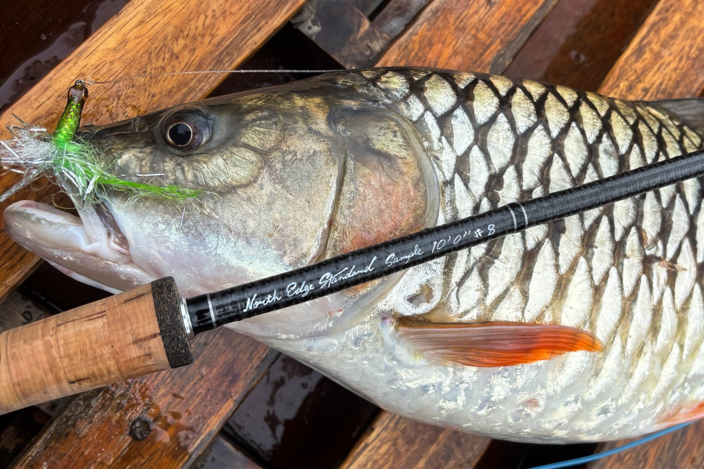 NES 8100-4 10'0" #8 シングルハンドフライロッド（サンプル機）とフライをくわえた大型魚｜ノースエッジスタンダード